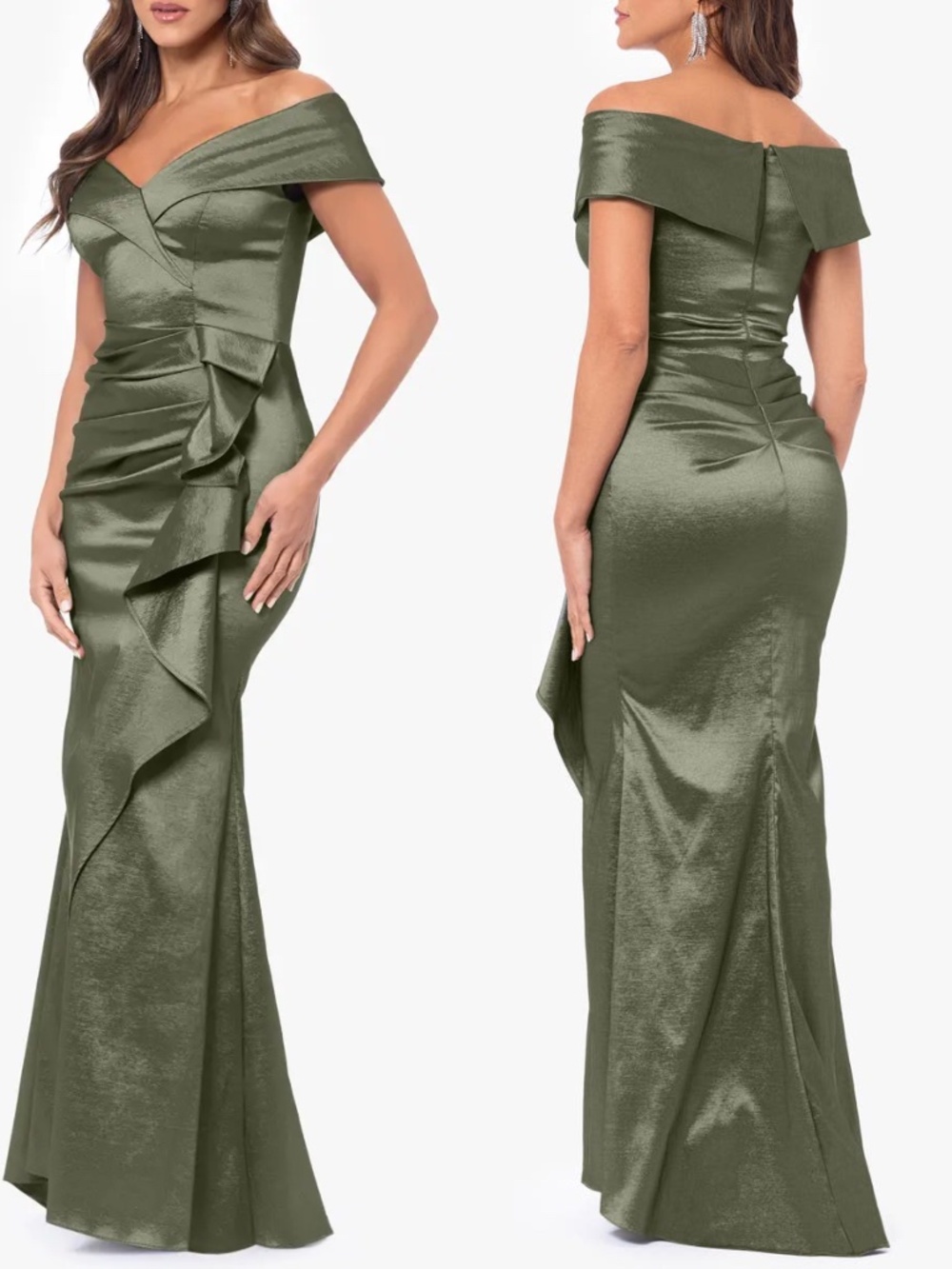 NEW XSCAPE Olive METALLIC Shiny OFF THE SHOULDER Taffeta RUFFLE Evening GOWN 6